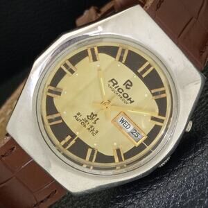 Vintage 1985 Ricoh Automatic Mens Silver Watch W/daydate & Gold accents